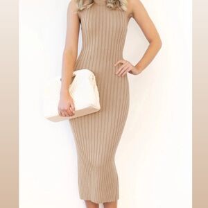 BCBGMAXAZRIA beige ribbed midi dress